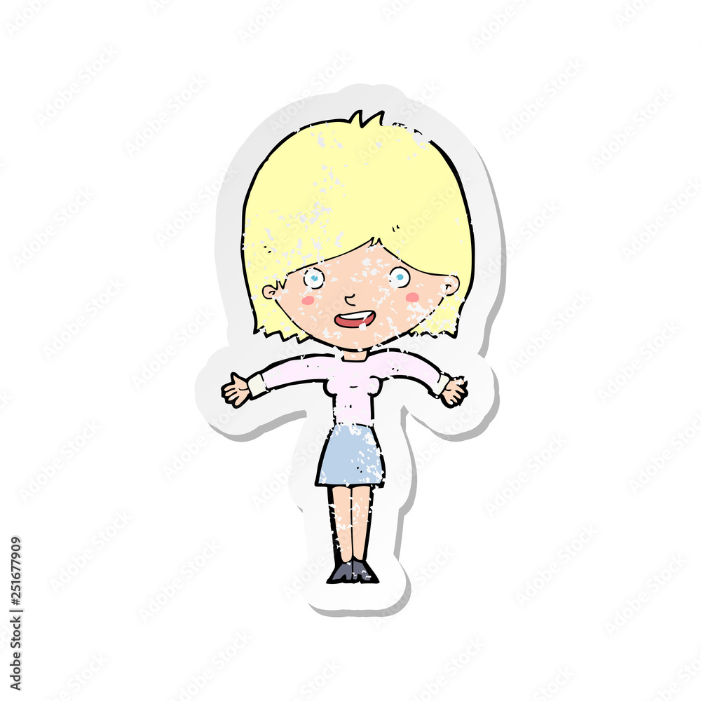 retro distressed sticker of a cartoon excited woman retro distressed sticker of a cartoon excited woman