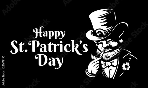 Leprechaun engraved vector logo or label illustration for Saint Patrick's Day etching linocut style Dwarf traditional Irish folklore Celtic mythology with hat shamrock and pipe on black background