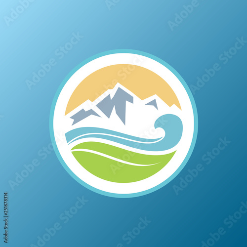 Ocean Sea Wave with Leaf and Mountain for Nature Natural Environment logo design