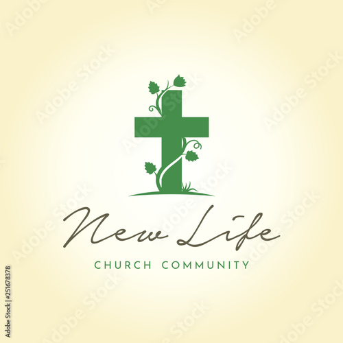 Nature Wild Vines Plant Flower with Christian Cross Church Crucifix Tomb logo design 