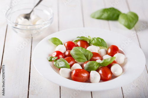 Dish with fresh caprese salad isolated on white