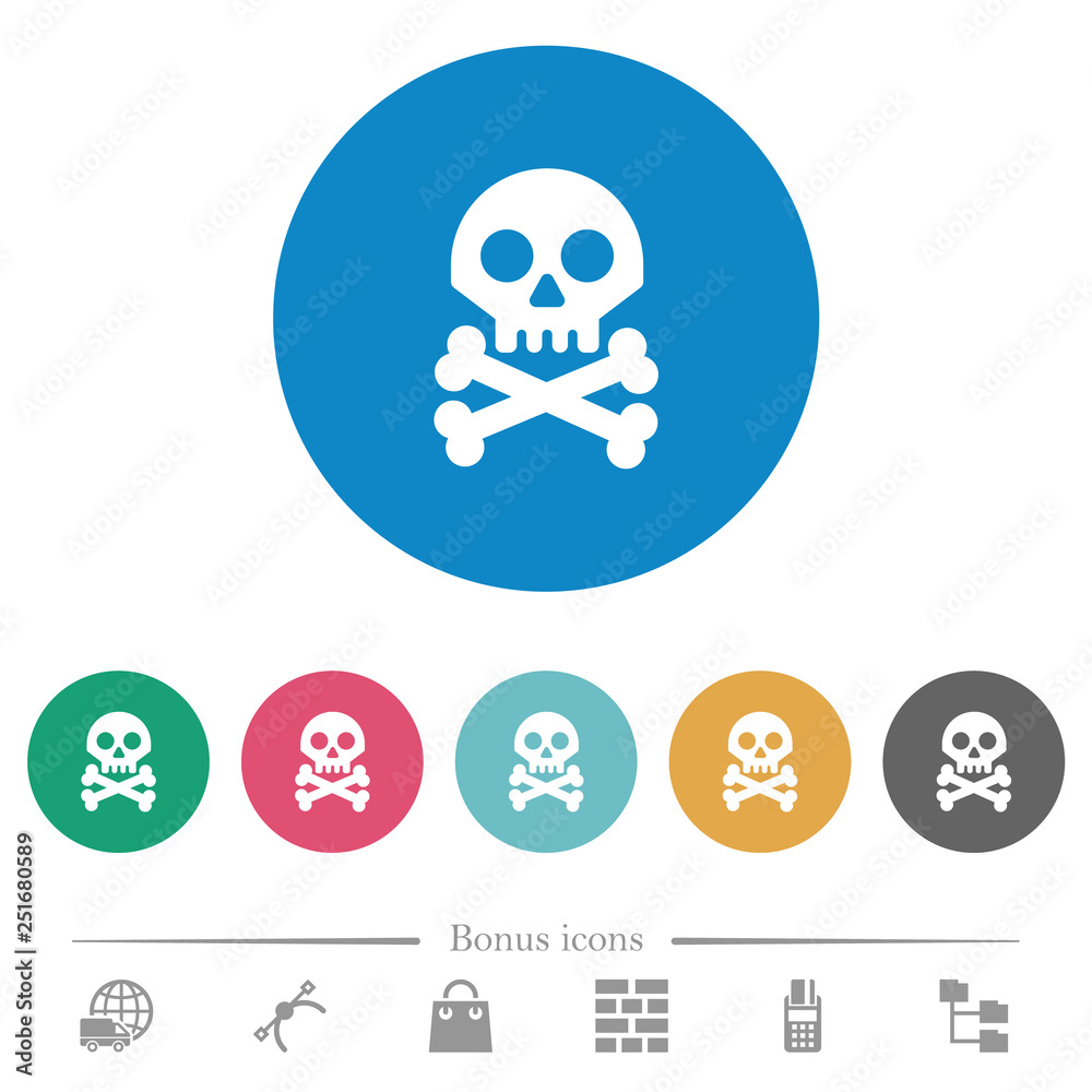 Fototapeta premium Skull with bones flat round icons