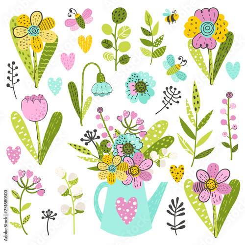 Set of colorful flowers and herbs