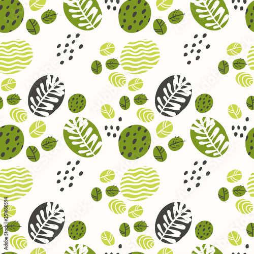 Seamless pattern with green abstract leaves and herbs
