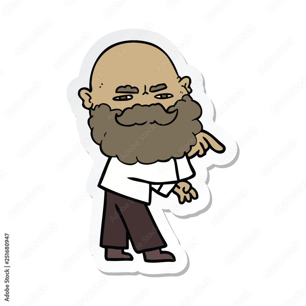 sticker of a cartoon man with beard frowning and pointing