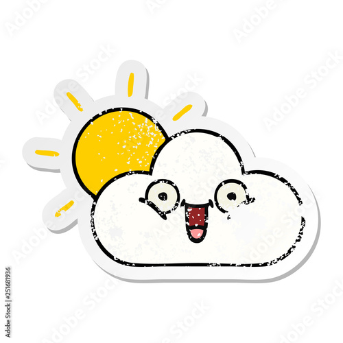 distressed sticker of a cute cartoon sunshine and cloud