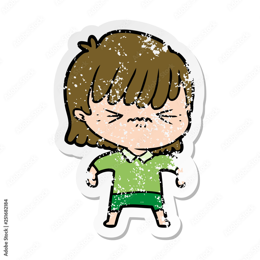 distressed sticker of a annoyed cartoon girl distressed sticker of a annoyed cartoon girl