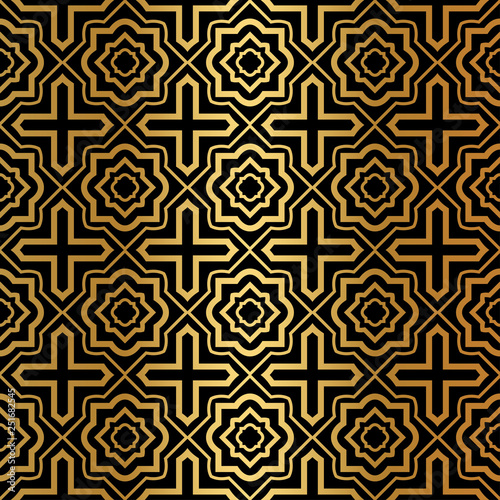 Luxury Pattern Of Abstract Geometric. Seamless Vector Illustration. For Design Greeting Cards, Backgrounds, Wallpaper, Interior Design. Tribal Ethnic Arabic, Fashion Decorative Ornament. Black gold