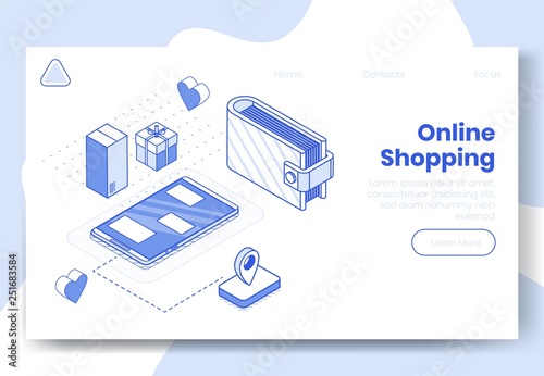 Digital isometric design concept set of online shopping app 3d icons.Isometric business finance symbols-mobile phone,wallet,package boxes,geo tag,heart icons on landing page banner web online concept
