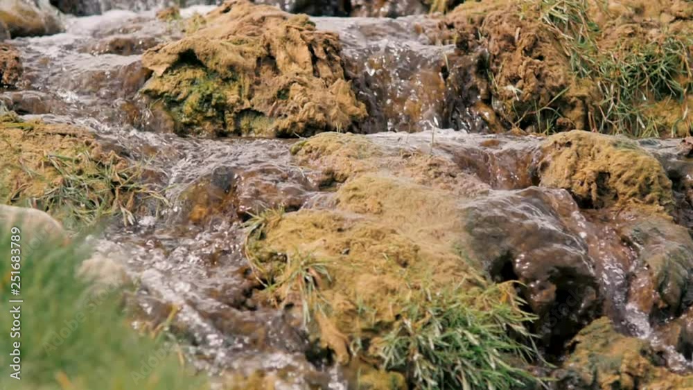 Mineral Stream Close Upю Steady close up shot as mineral flows over rocks and moss near the golf course. Mineral Stream Close Upю Steady close up shot as mineral flows over rocks and moss near the golf course.