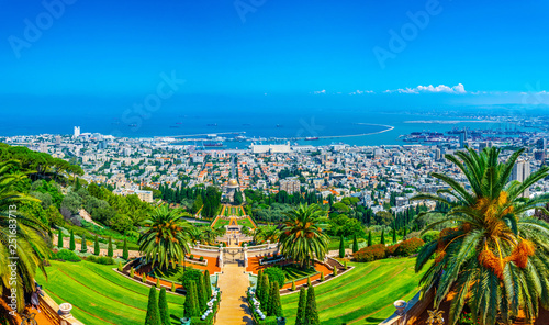 Aerial view of Bahai gardens in Haifa, Israel photo