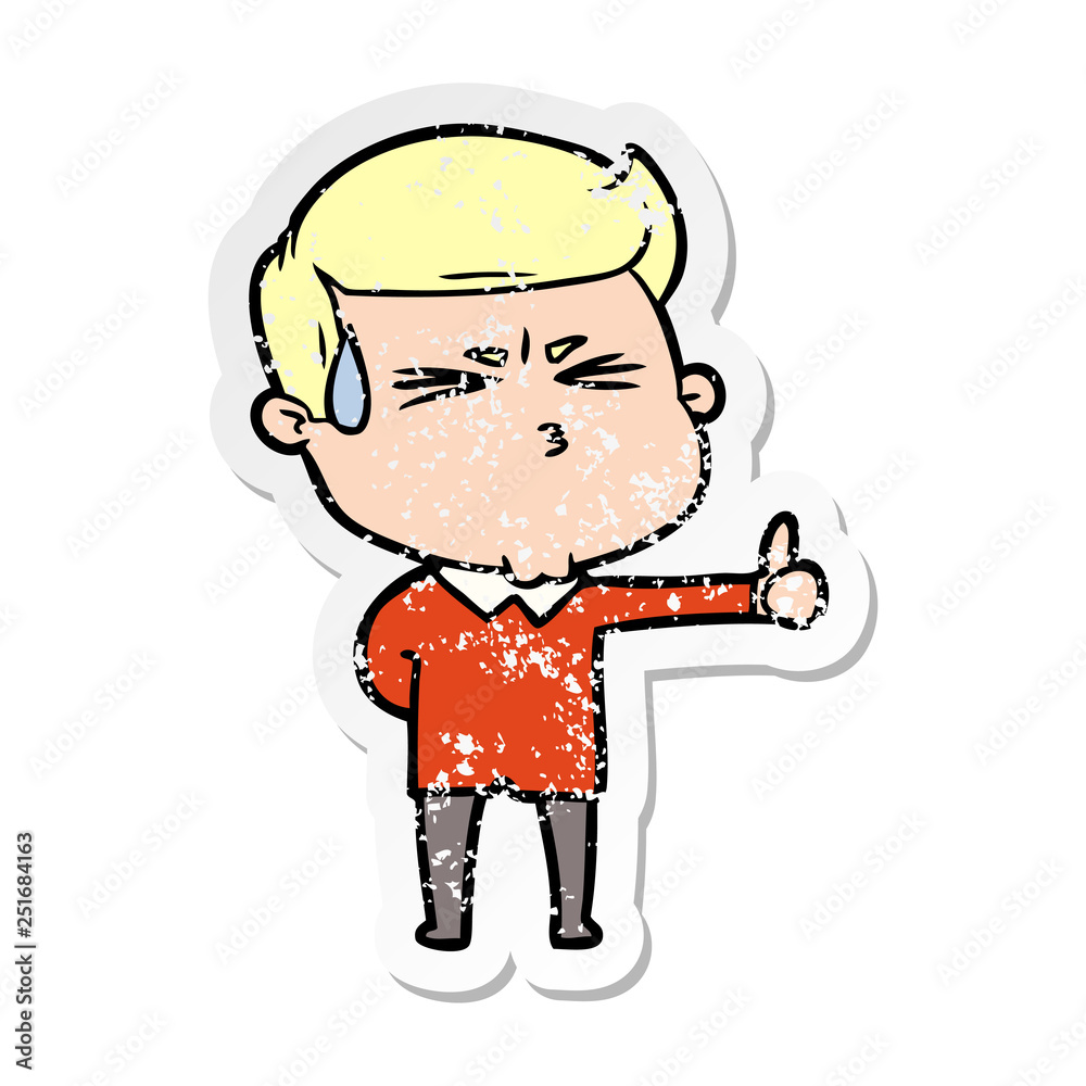 distressed sticker of a cartoon man sweating distressed sticker of a cartoon man sweating