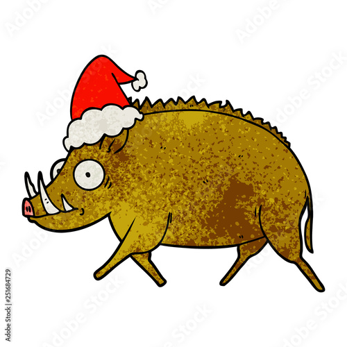 textured cartoon of a wild boar wearing santa hat