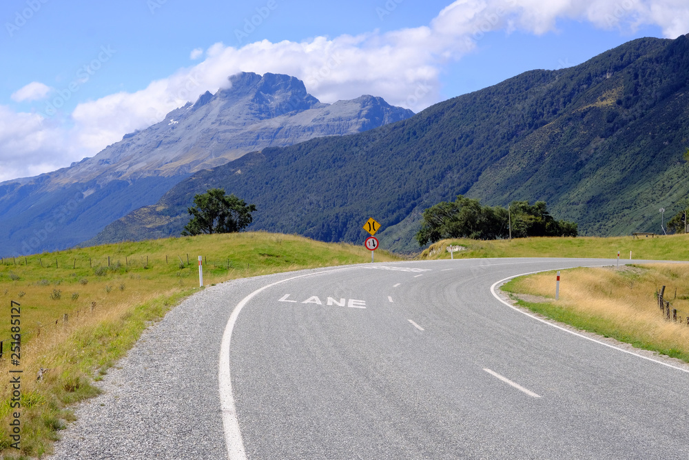 New Zealand road and mountains near Dart River, Glenorchy