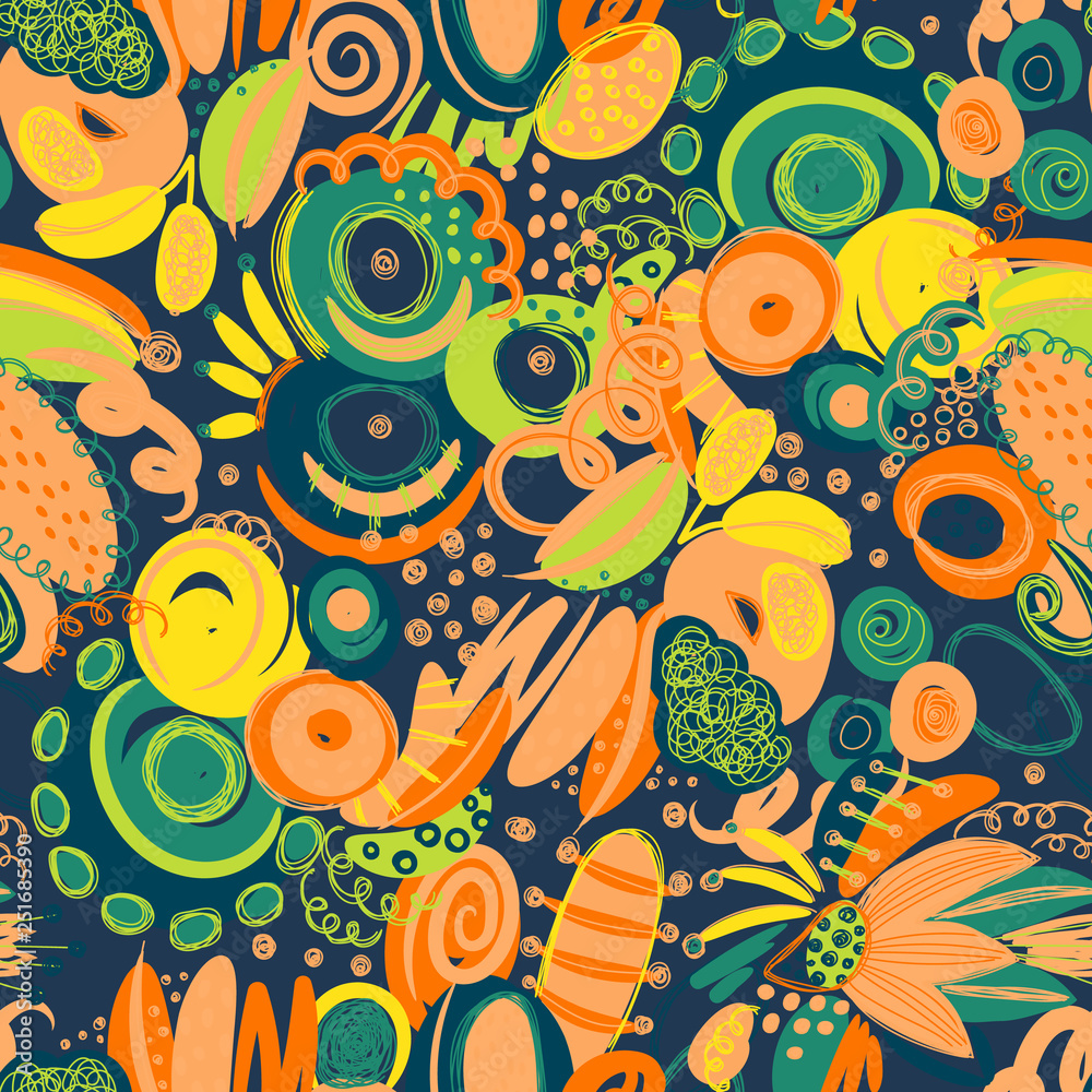 Naklejka premium Vector seamless pattern with hand drawn abstract shapes, scribbles, spirales. Stains and spots of paint. Creative background. Freehand style. Design with doodle. Wallpaper, textile, wrapping, cover
