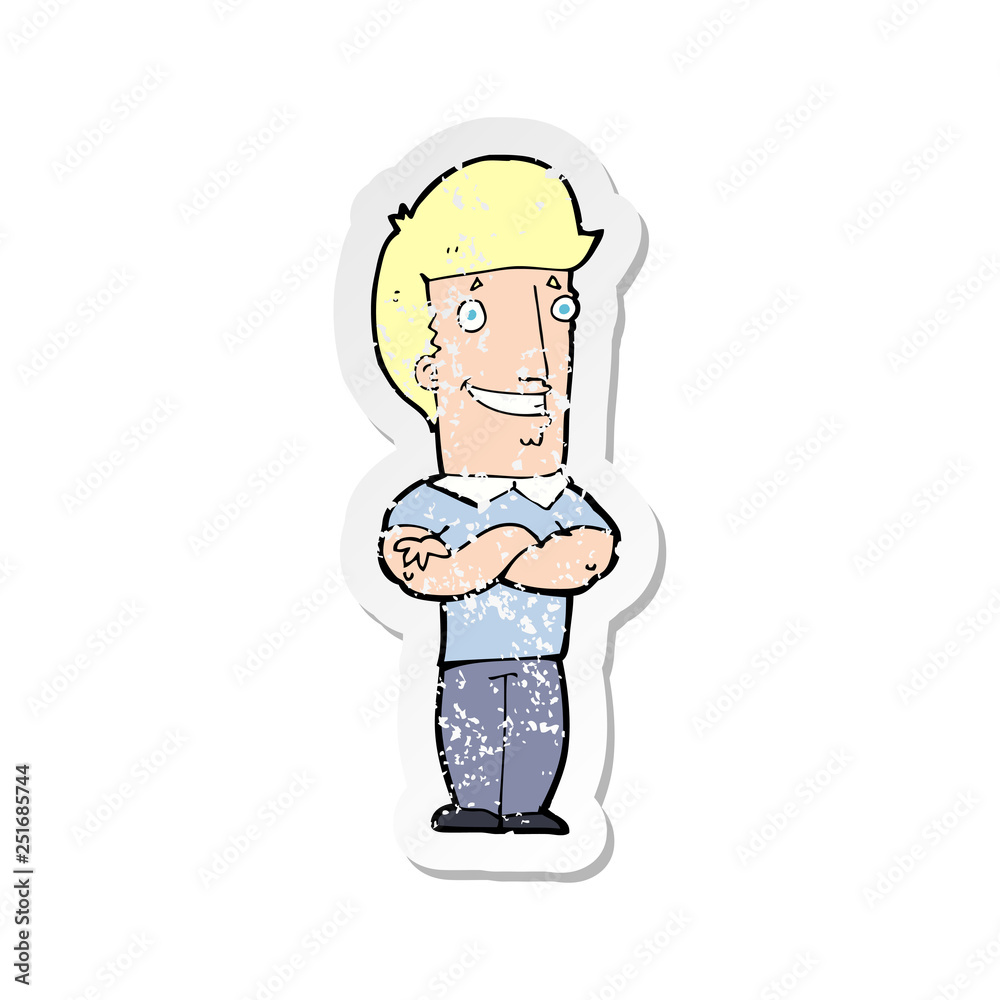 Fototapeta premium retro distressed sticker of a cartoon man with folded arms grinning