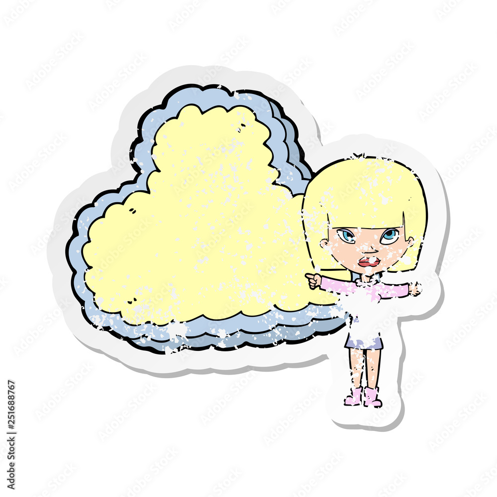 retro distressed sticker of a cartoon woman with cloud text space retro distressed sticker of a cartoon woman with cloud text space