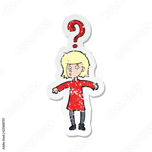 retro distressed sticker of a cartoon woman asking question