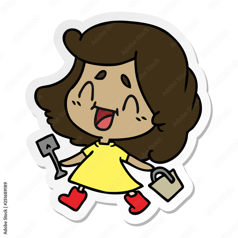 sticker cartoon of cute kawaii girl with bucket and spade sticker cartoon of cute kawaii girl with bucket and spade
