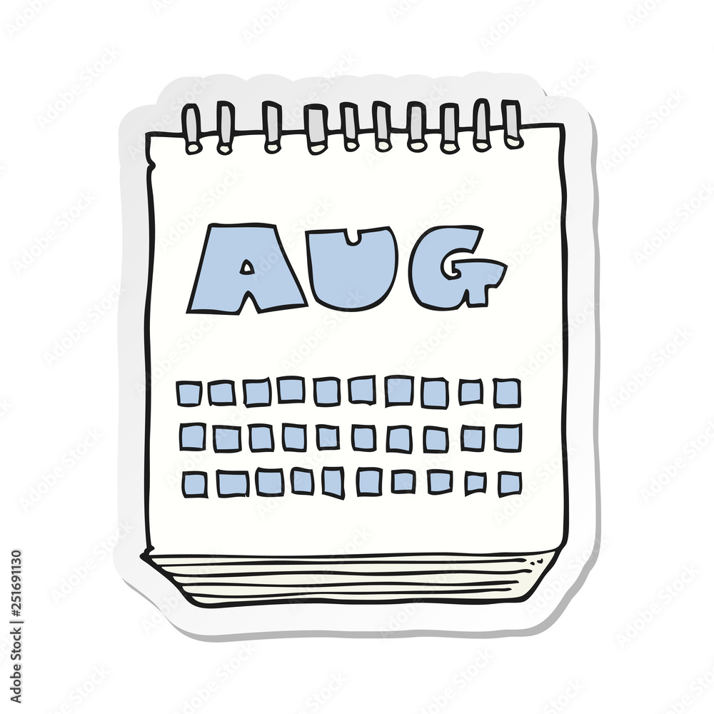 sticker of a cartoon calendar showing month of august Stock Vector | Adobe  Stock