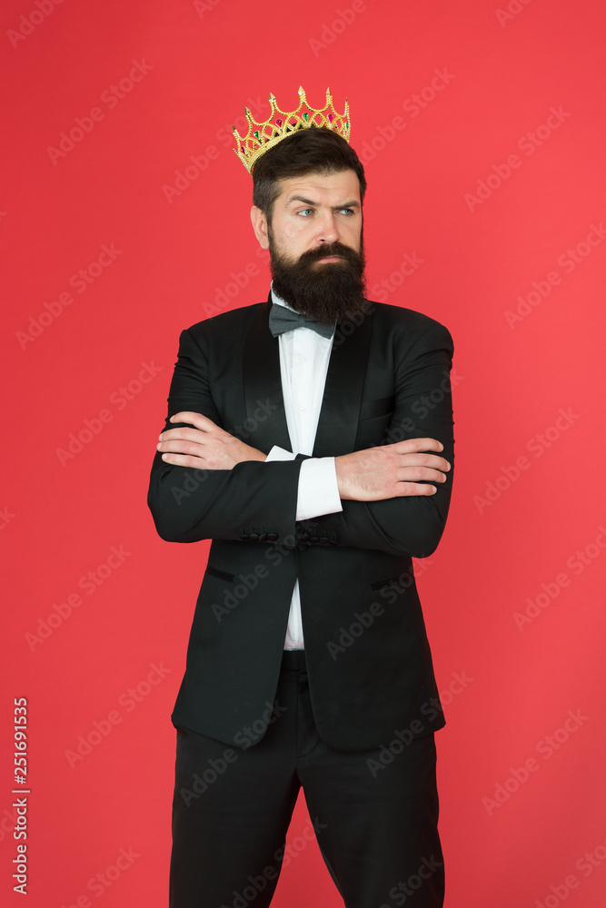 King of style. Man groom in wedding suit. Big boss style. Formal event.  King crown. Bearded