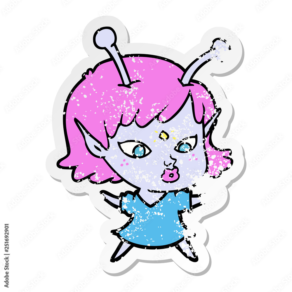distressed sticker of a pretty cartoon alien girl distressed sticker of a pretty cartoon alien girl