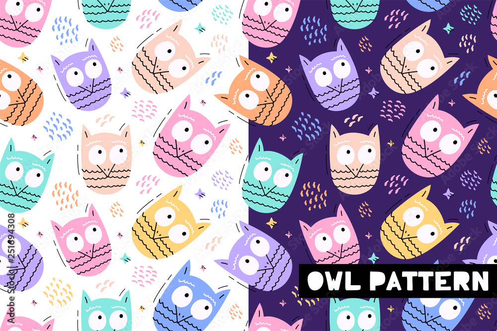 Seamless childish pattern with funny owl animals faces . Creative scandinavian kids texture for fabric, wrapping, textile, wallpaper, apparel. Vector illustration Seamless childish pattern with funny owl animals faces . Creative scandinavian kids texture for fabric, wrapping, textile, wallpaper, apparel. Vector illustration