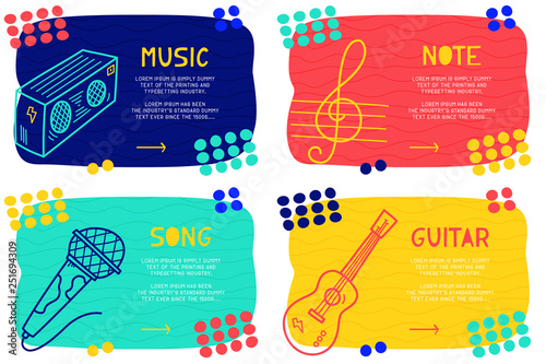 Set Abstract landing page pattern with different element, text block and doodle plant, cactus, flower, leaf icon. Vector fun background