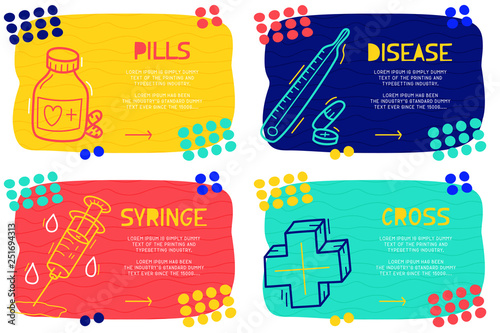 Set Abstract landing page pattern with different element, text block and doodle plant, cactus, flower, leaf icon. Vector fun background