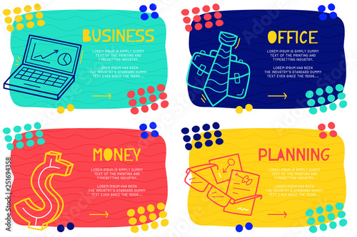 Set Abstract landing page pattern with different element, text block and doodle plant, cactus, flower, leaf icon. Vector fun background