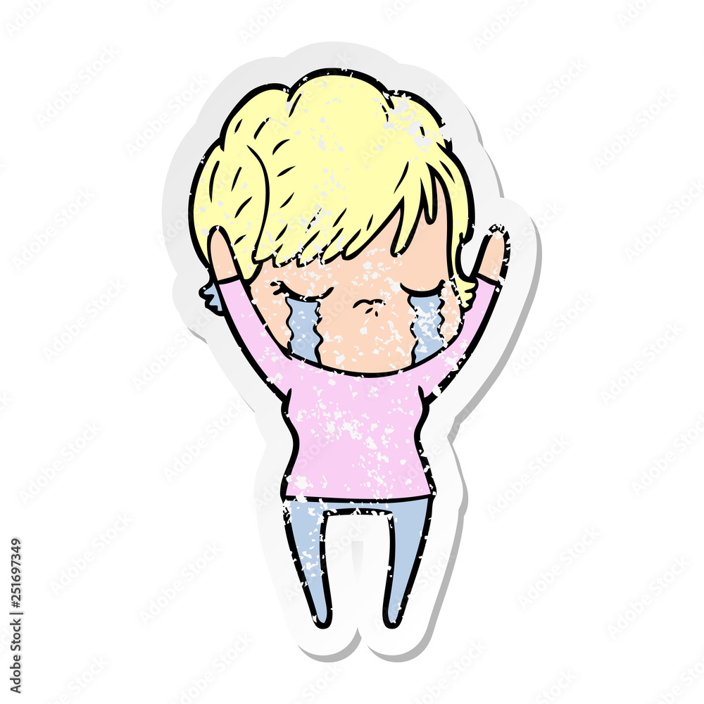 distressed sticker of a cartoon woman crying distressed sticker of a cartoon woman crying