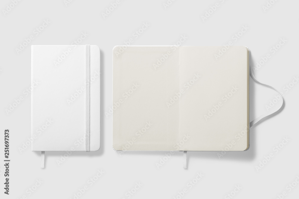 Top view of Blank photorealistic notebook mockup on light grey background, 3d illustration.  - obrazy, fototapety, plakaty 