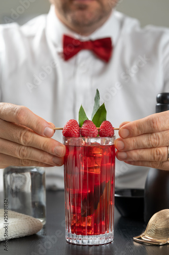 Obraz na płótnie classy fancy bartender mixologist makes prepares alcohol drink cocktail bowtie raspberry w salonie