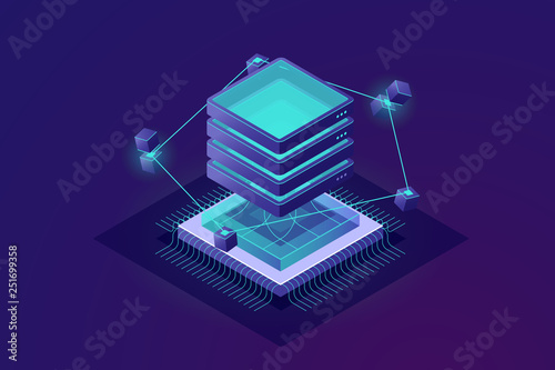 The technology of the future isometric icon, big data processing abstract concept, server room, cloud computing, progress of data science, exchange of information vector