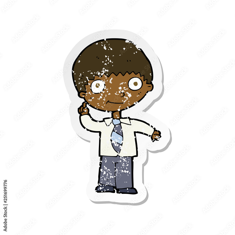 retro distressed sticker of a cartoon school boy with idea
