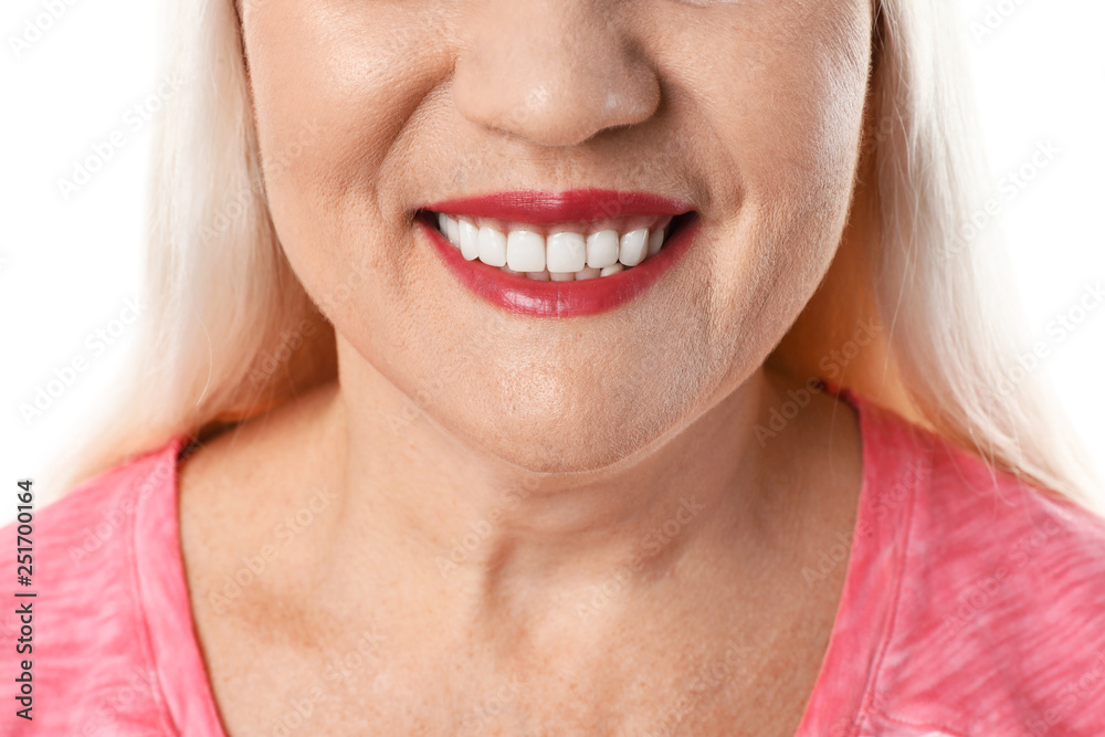 Smiling woman with perfect teeth on white background, closeup Smiling woman with perfect teeth on white background, closeup