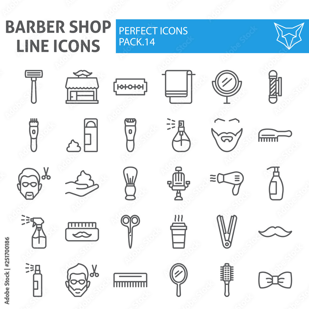 Barber shop line icon set, hairstyle symbols collection, vector sketches, logo illustrations, hair care signs linear pictograms package isolated on white background.