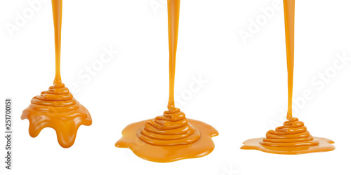 3D rendering of melted caramel or syrup pouring and folding on sphere form and ground plane, isolated on white - Illustration photo