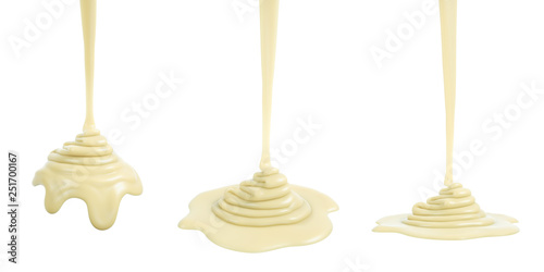 3D rendering of melted white chocolate or cream or white sauce pouring and folding on sphere form and ground plane, isolated on white - Illustration