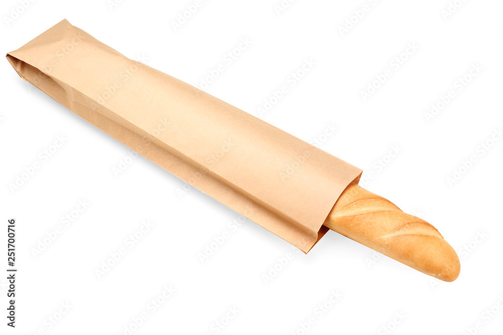 Paper bag with baguette on white background. Space for design