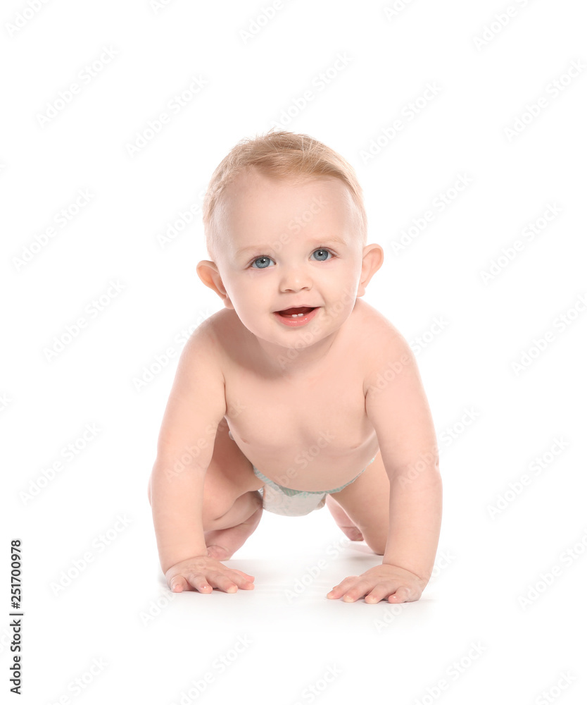 Cute little baby crawling on white background Cute little baby crawling on white background
