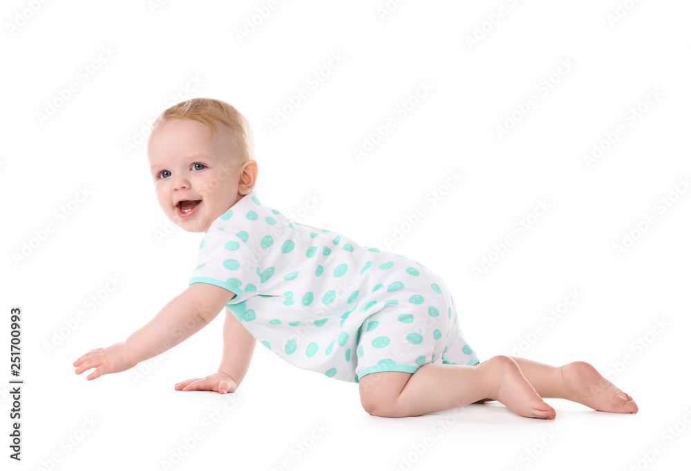 Cute little baby crawling on white background Cute little baby crawling on white background