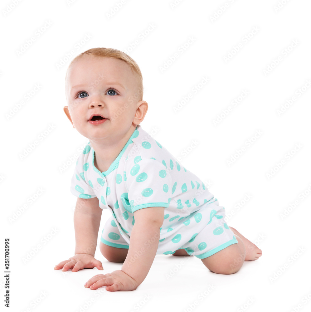 Cute little baby crawling on white background Cute little baby crawling on white background