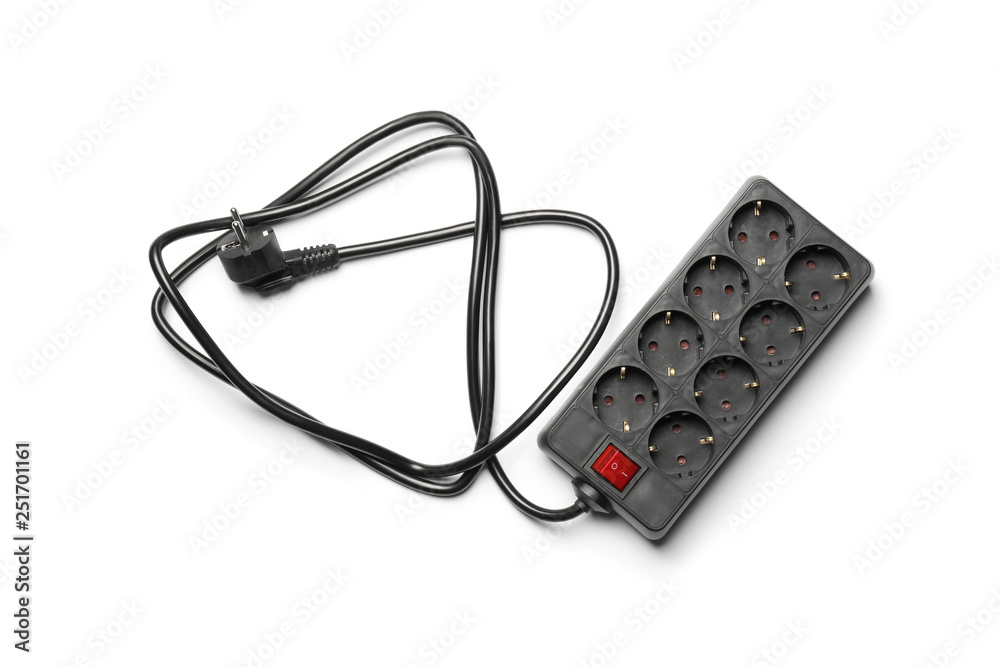 Extension cord on white background, top view. Electrician's equipment Extension cord on white background, top view. Electrician's equipment