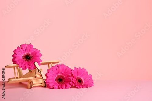 Fototapeta Naklejka Na Ścianę i Meble -  Wooden plane and flowers on table against color background, space for text. International Women's Day