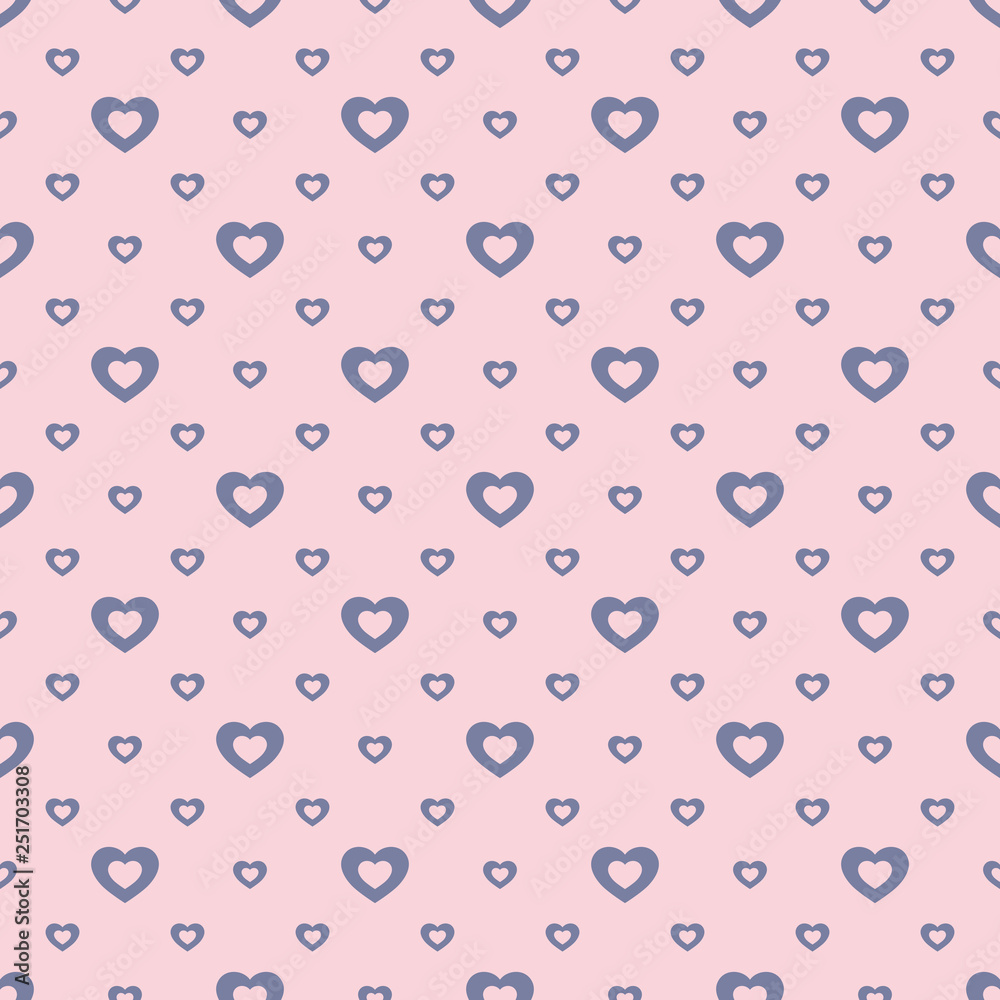 Vector romantic seamless pattern with small outline blue hearts on pink backdrop