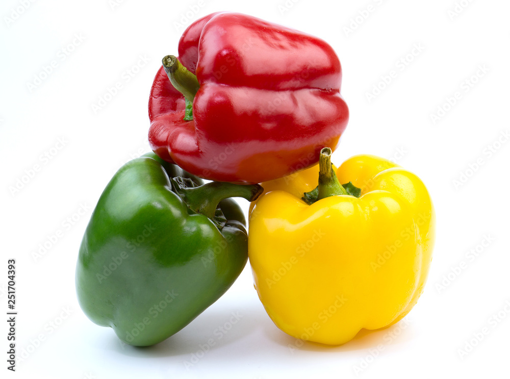 Green, Red and yellow bell pepper isolated on white background