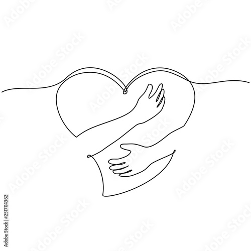 continuous line drawing of hand hugging heart, hug. Vector