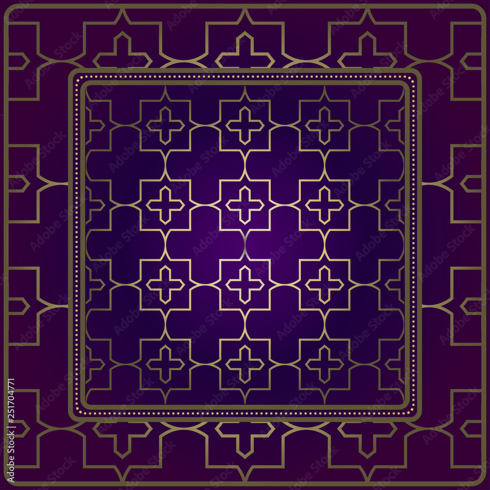 Decorative Pattern With Geometric Ornament. For Print Bandanna, Tablecloth, Fabric Print, Fashion. Vector Illustration. Purple gold color