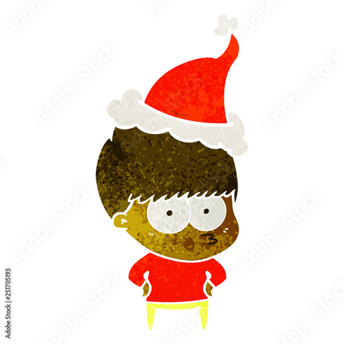 nervous retro cartoon of a boy wearing santa hat